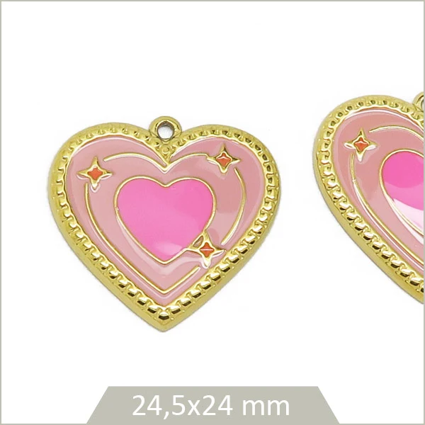 2 breloques en acier inoxydable doré cœur camaïeu de rose