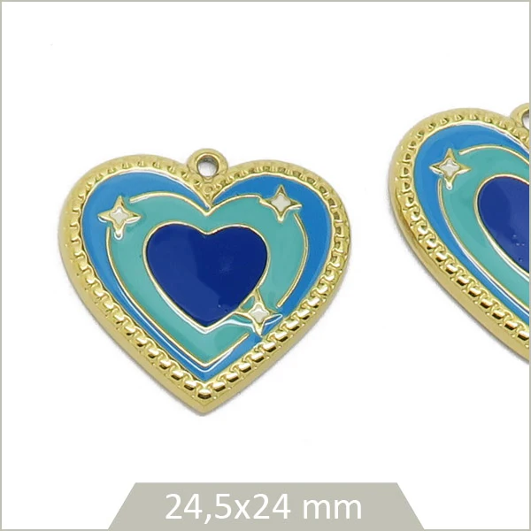 2 breloques en acier inoxydable doré cœur camaïeu de bleu