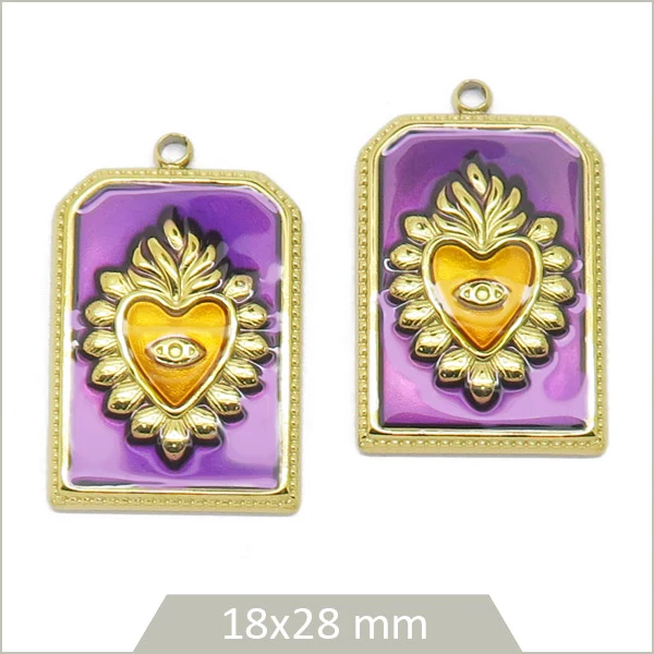 2 breloques ex-voto Cœur de Viana en acier inoxydable doré – violet & caramel