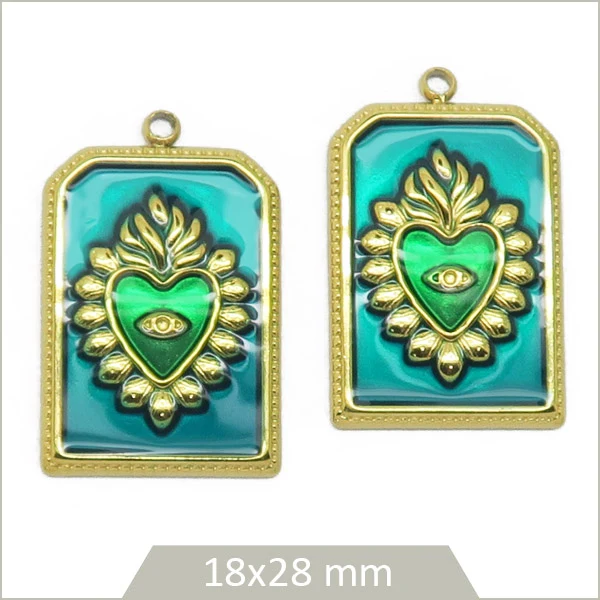 2 breloques ex-voto Cœur de Viana en acier inoxydable doré – émeraude & vert