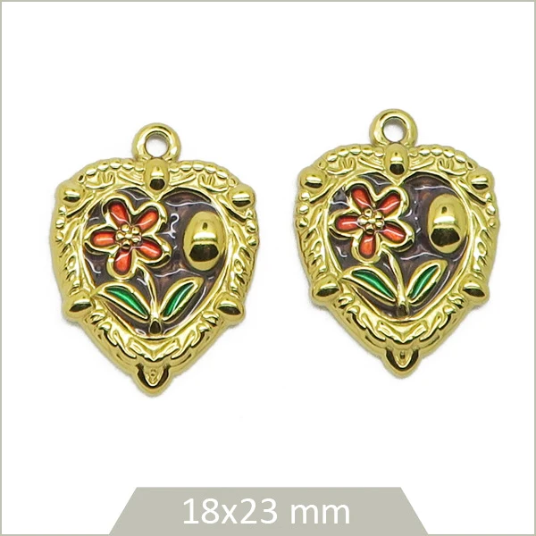 2 breloques cœur prune en acier inoxydable doré cabochon fleur rouge