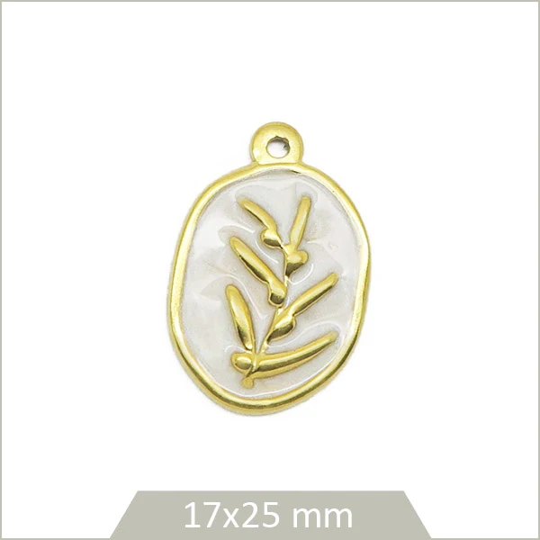 1 breloque ovale blanc branche d'olivier en acier inoxydable doré