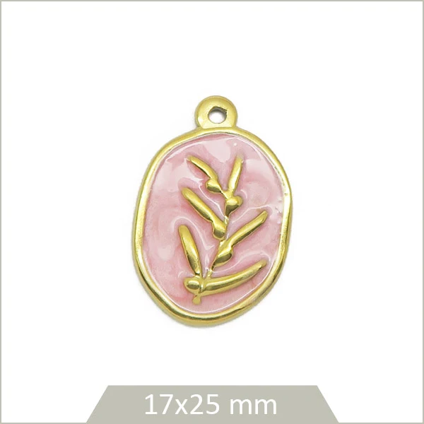 1 breloque ovale rose épi de blé en acier inoxydable doré