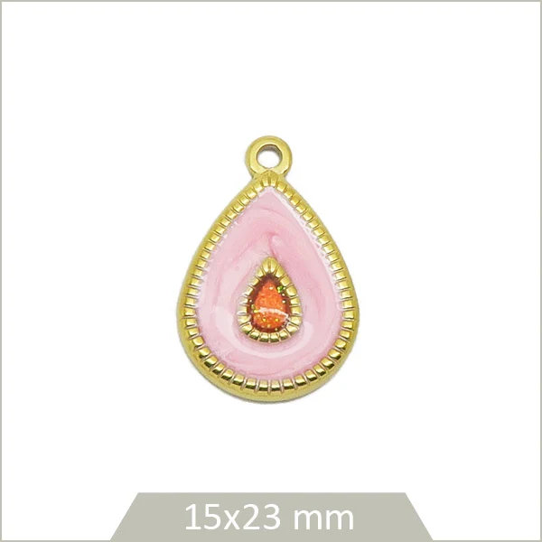 1 breloque goutte rose cabochon en acier inoxydable doré