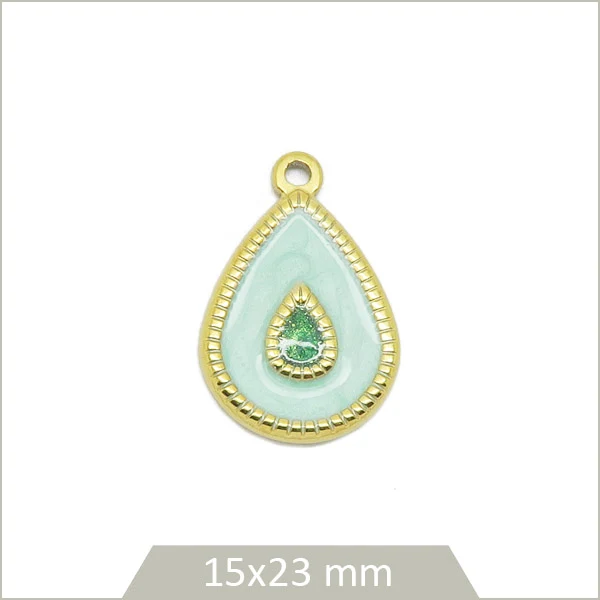 1 breloque goutte vert d'eau cabochon en acier inoxydable doré