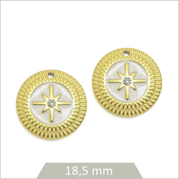 2 breloques rondes blanches étoiles polaires en acier inoxydable doré
