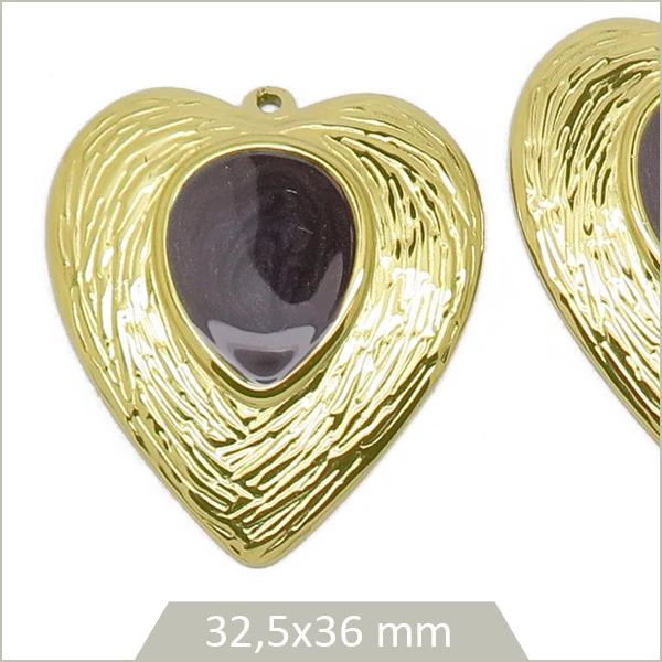 2 breloques cœur acier inoxydable doré cabochon goutte prune