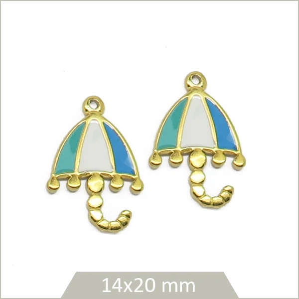 2 breloques parapluies à rayures bleues et blanches en acier inoxydable doré