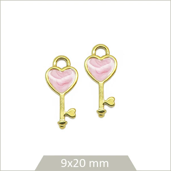 2 breloques clés en acier inoxydable doré avec cœur rose