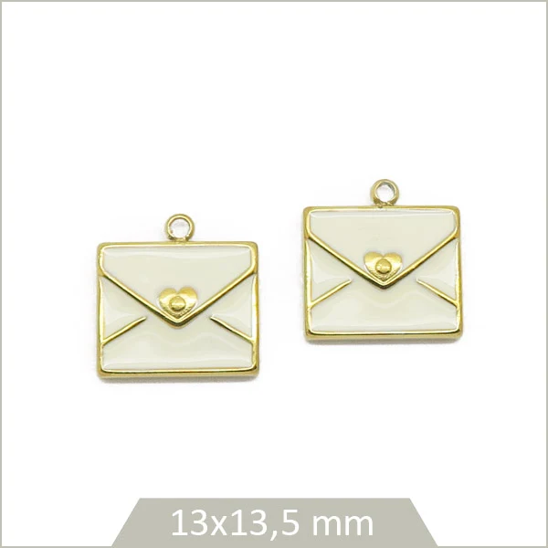 2 breloques enveloppes blanches en acier inoxydable doré
