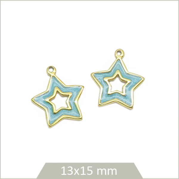 2 breloques étoiles ajourées bleues, en acier inoxydable doré