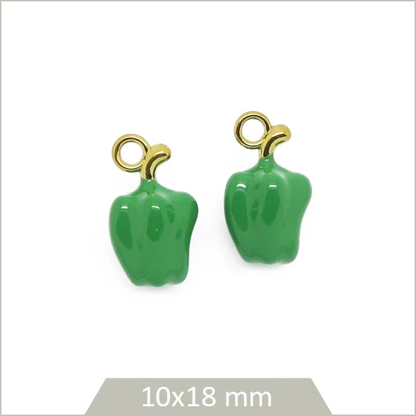 2 breloques poivrons verts, en acier inoxydable doré