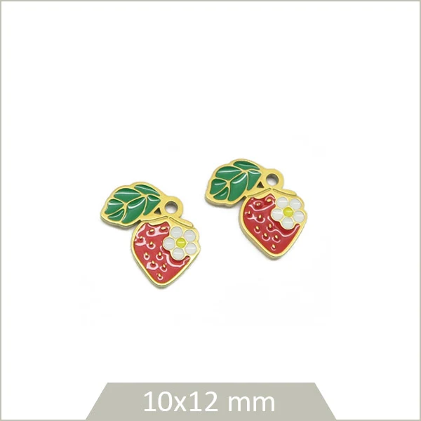 2 breloques fraise en acier inoxydable doré et effet émail coloré