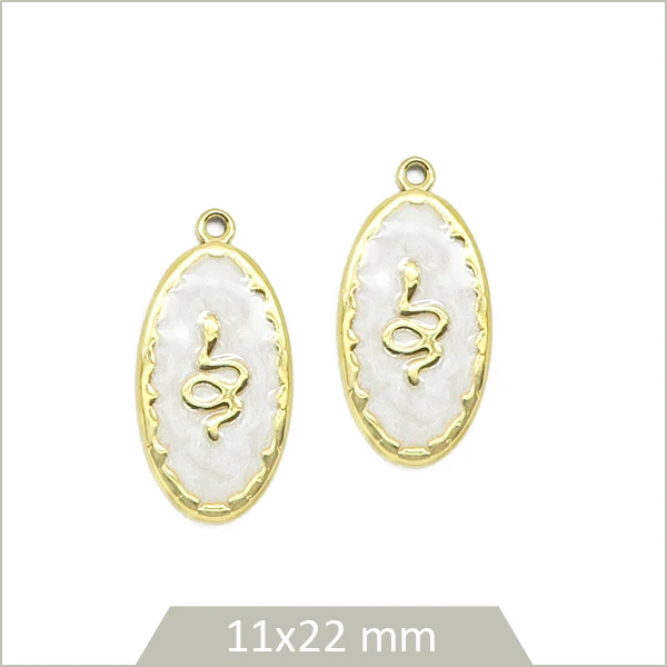 2 breloques ovales blanches serpent en acier inoxydable doré