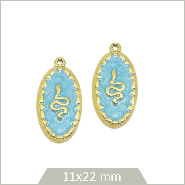 2 breloques ovales bleues serpent en acier inoxydable doré
