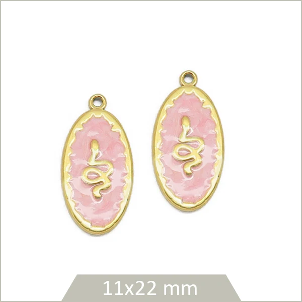 2 breloques ovales roses serpent en acier inoxydable doré