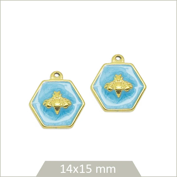 2 breloques hexagonales bleues en acier inoxydable doré