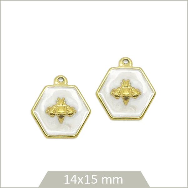 2 breloques hexagonales blanches en acier inoxydable doré