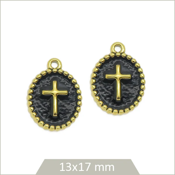 2 médaillons ovales noirs croix en acier inoxydable doré