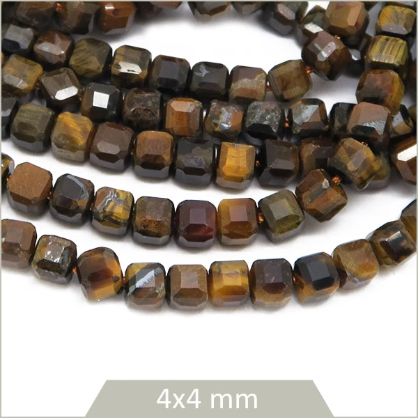 Env. 90 perles cubes facettées en Œil de tigre, 4x4 mm env.
