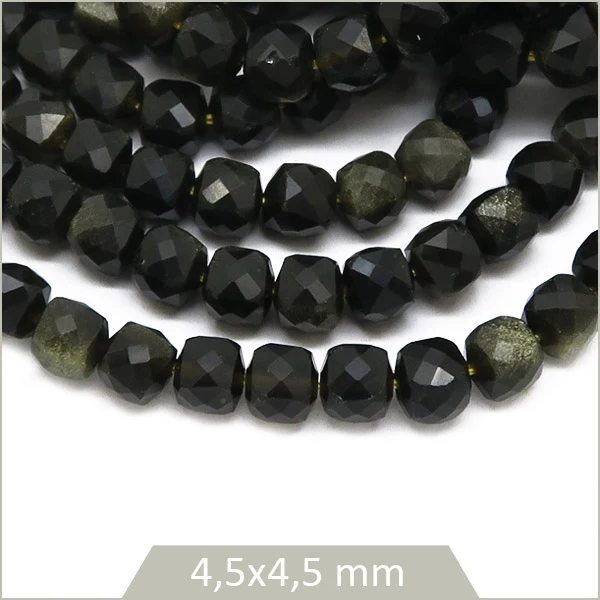 Env. 88 perles cubes facettées en Obsidienne dorée, 4x4 mm env.
