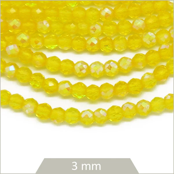 env. 144 perles de verre facettes jaune irisées 3 mm