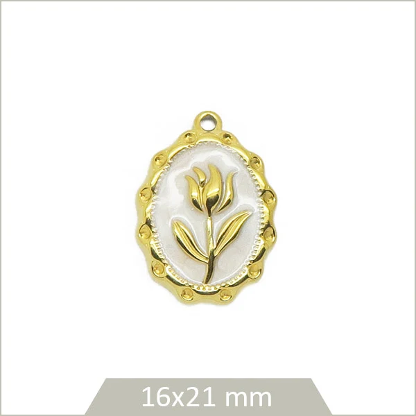 1 breloque médaillon blanc tulipe acier inoxydable doré