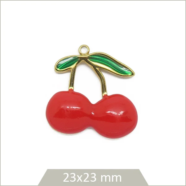 1 breloque cerises en acier inoxydable doré et effet émail