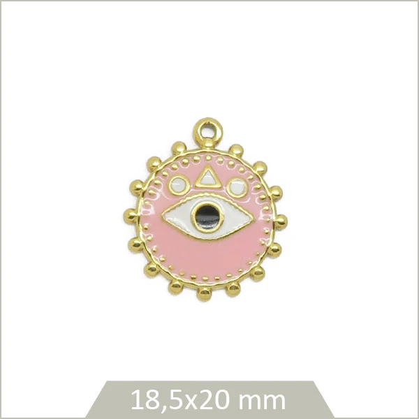1 breloque ronde rose œil acier inoxydable doré