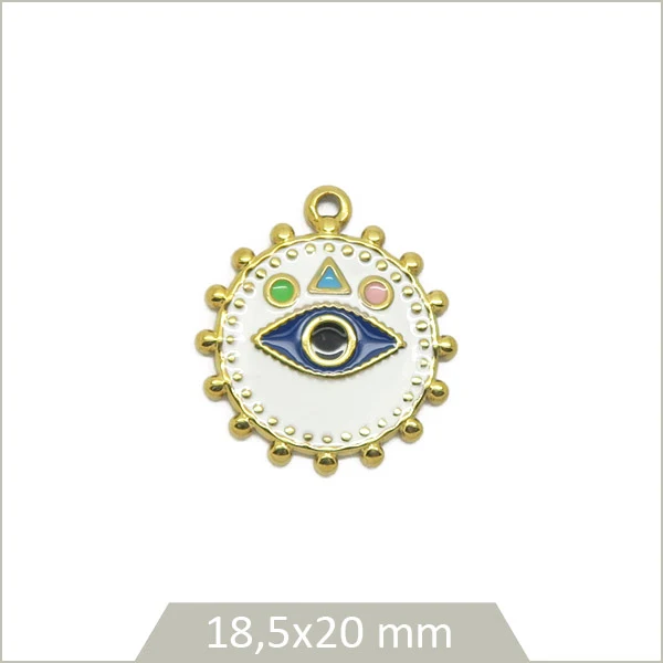 1 breloque ronde blanche oeil acier inoxydable doré