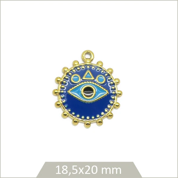 1 breloque ronde bleue œil acier inoxydable doré