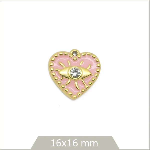 1 breloque cœur rose œil acier inoxydable doré