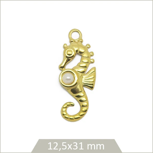 1 breloque hippocampe perlé en acier inoxydable doré