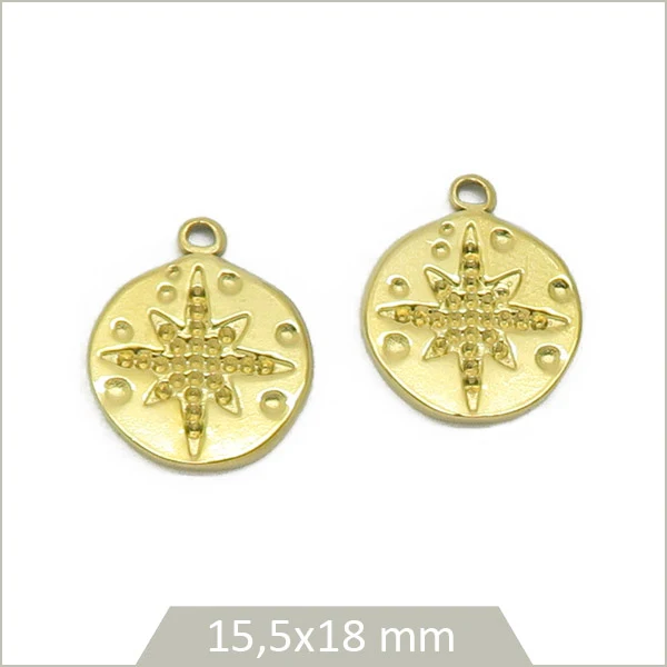 2 breloques rondes étoile gravée acier inoxydable doré