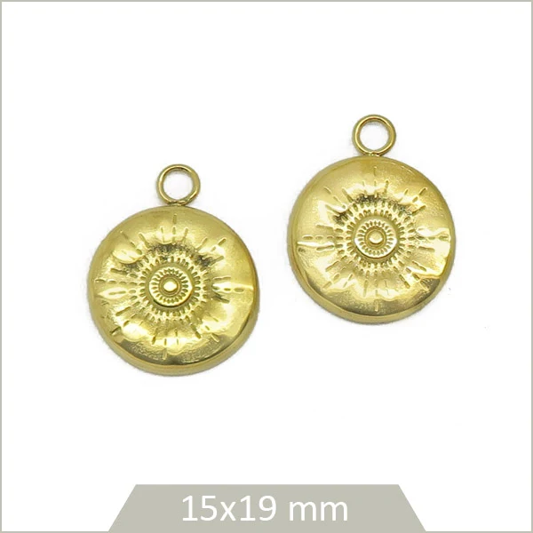 2 breloques rondes soleil acier inoxydable doré