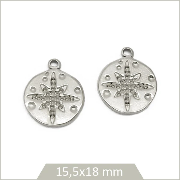 2 breloques rondes étoile gravée acier inoxydable