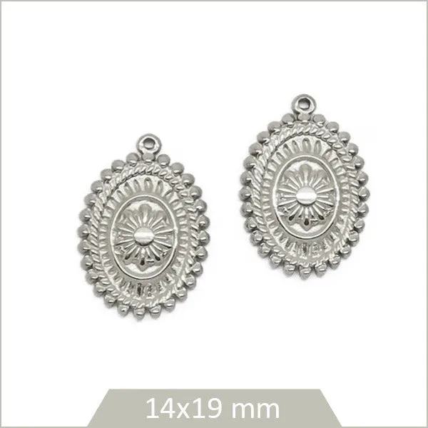 2 breloques ovales fleur acier inoxydable