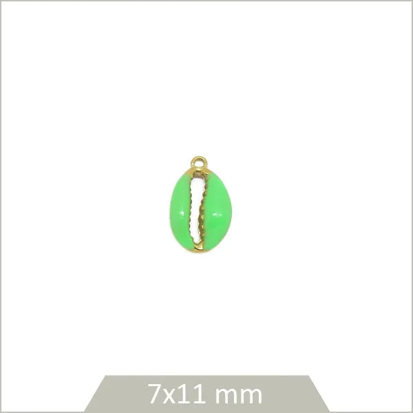 1 petite breloque coquillage cauri en acier inoxydable doré et effet émail vert