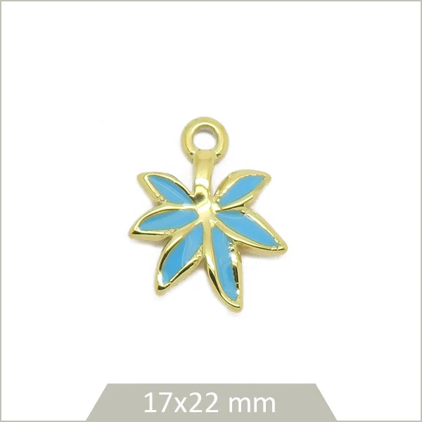 1 breloque feuille en acier inoxydable doré et effet émail bleu