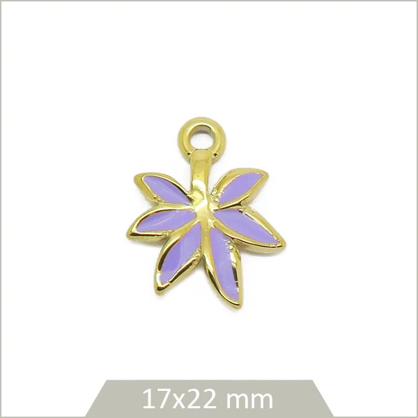 1 breloque feuille en acier inoxydable doré et effet émail violet