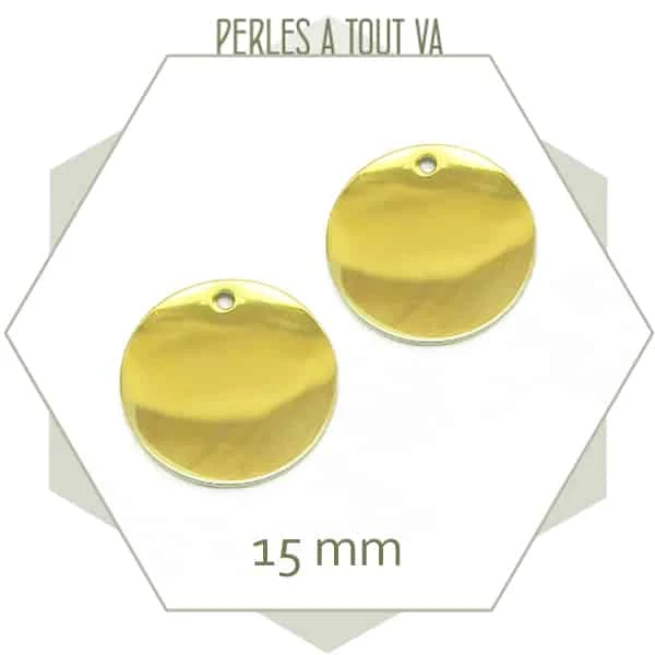 4 breloque ronde 15 mm, en acier inoxydable doré