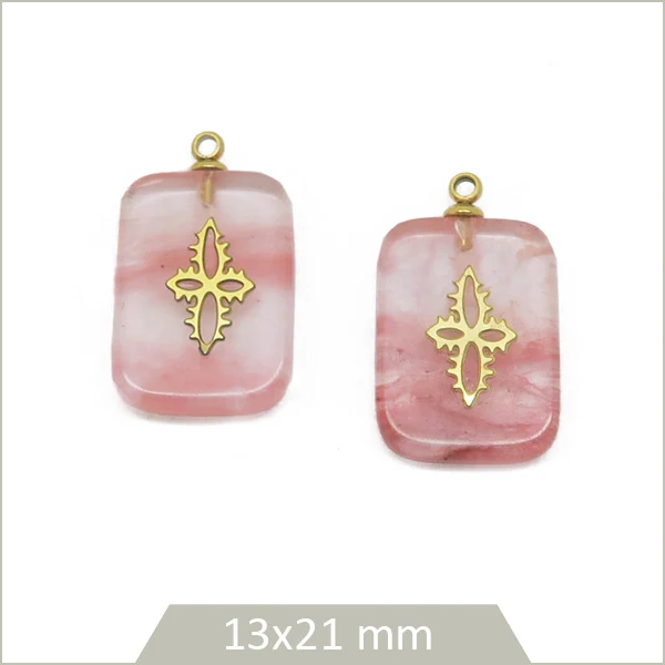 1 pendentif rectangle en Quartz melon d'eau et motif en acier inoxydable doré