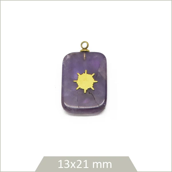 1 pendentif rectangle en Améthyste et soleil en acier inoxydable doré