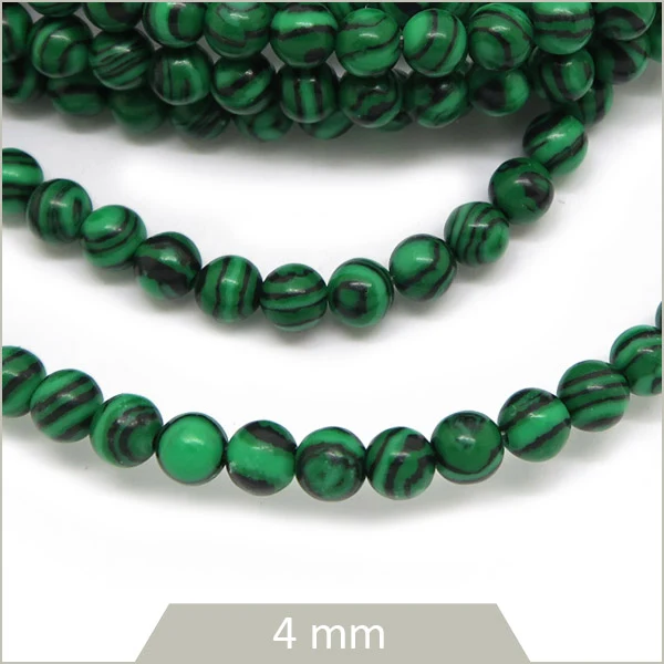 Env. 94 perles rondes en pierre effet Malachite, 4 mm