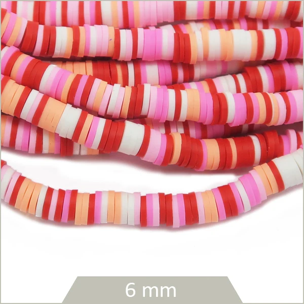 Rang de 40 cm de perles rondelles heishi multicolores rouge, 6 mm