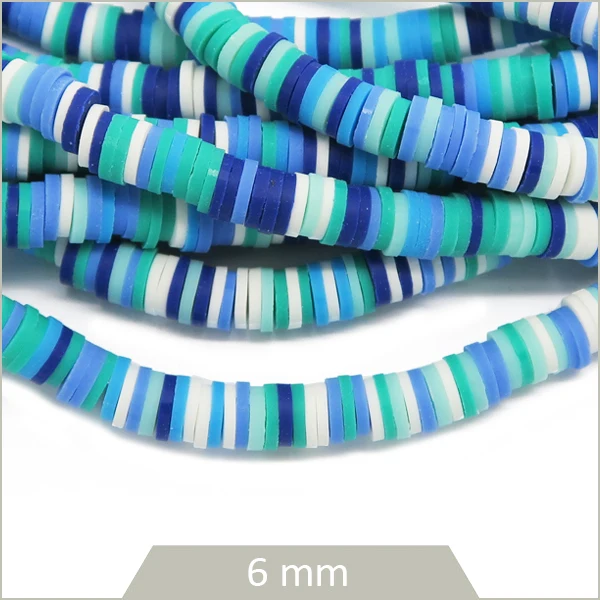 Rang de 40 cm de perles rondelles heishi multicolores bleu, 6 mm