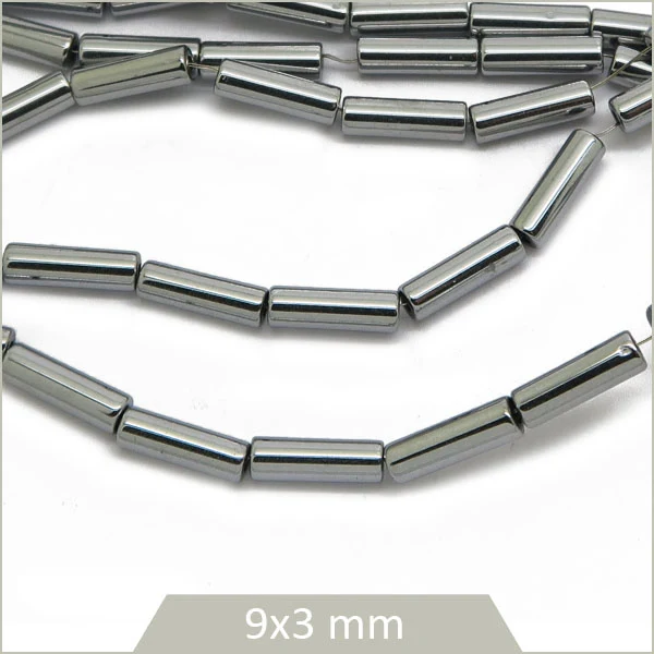 Env. 40 perles colonne hématite argenté, 9x3 mm
