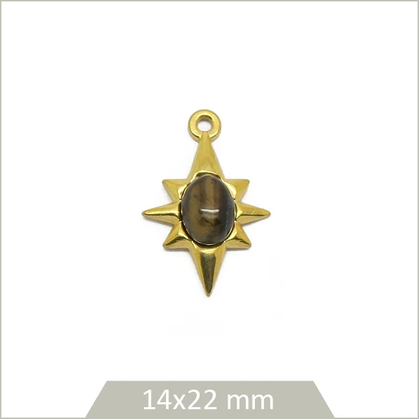 1 breloque étoile en acier inoxydable doré et cabochon en Œil de tigre