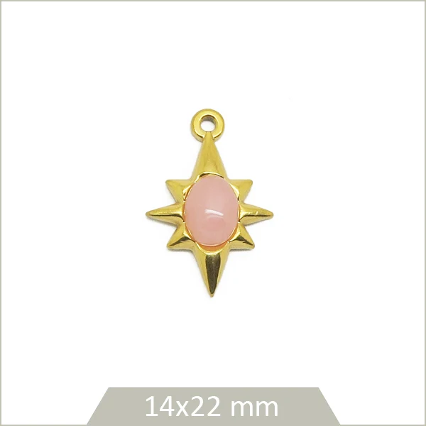 1 breloque étoile en acier inoxydable doré et cabochon en Quartz rose