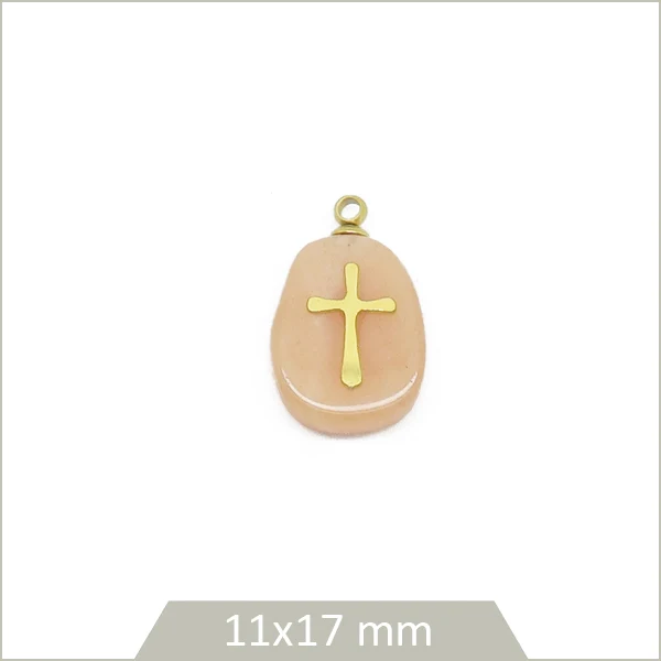 1 pendentif en Aventurine rouge et croix en acier inoxydable doré